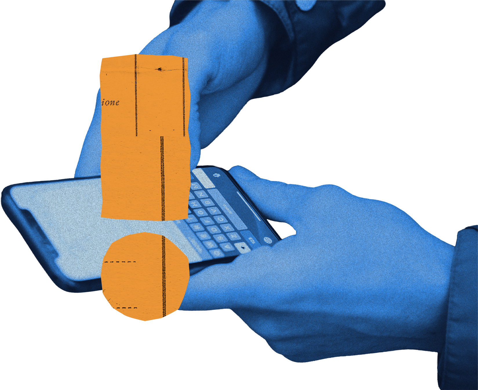 Hands holding a phone with an orange exclamation mark