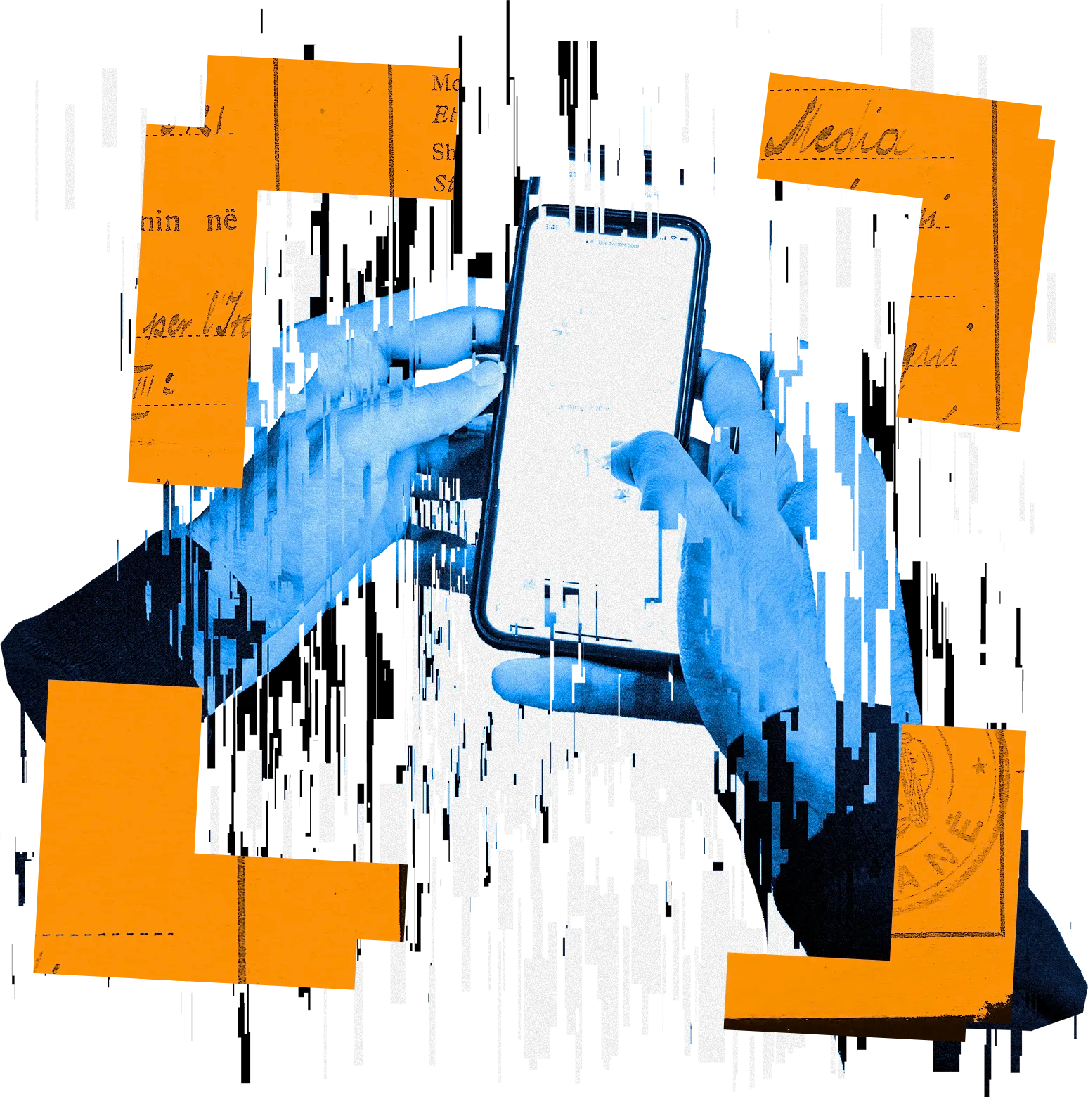 Hands holding a smartphone framed by orange document fragments